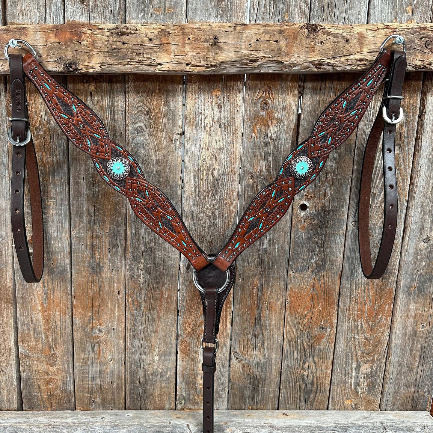 Rodeo Drive - Dark Oil Hand Painted Antique Silver Turquoise Browband/One Ear and  Breastcollar Tack Set #BBBC555