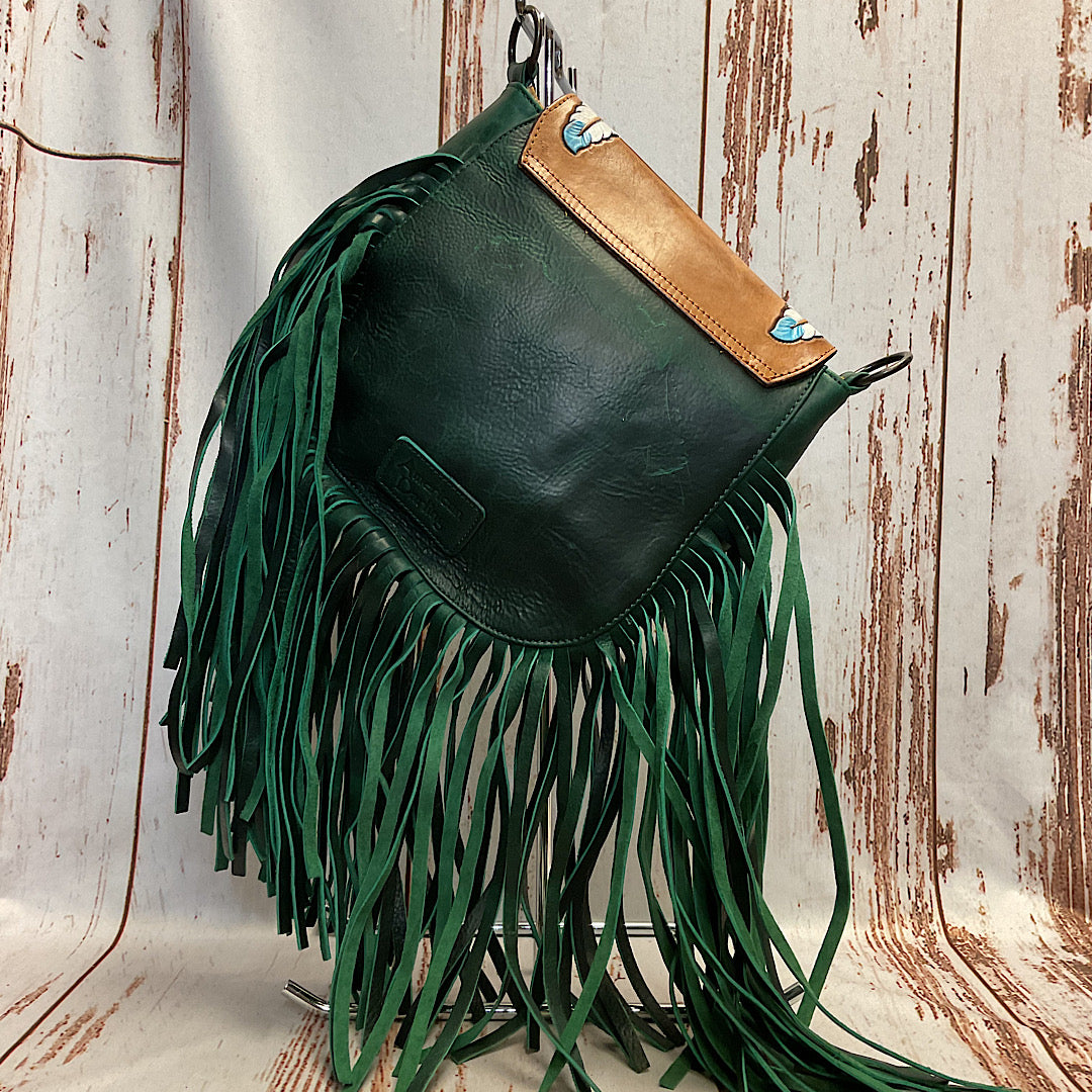 American Darling - Green Leather Hide With Tooled & Fringe Accents Handbag ADBGZ479B