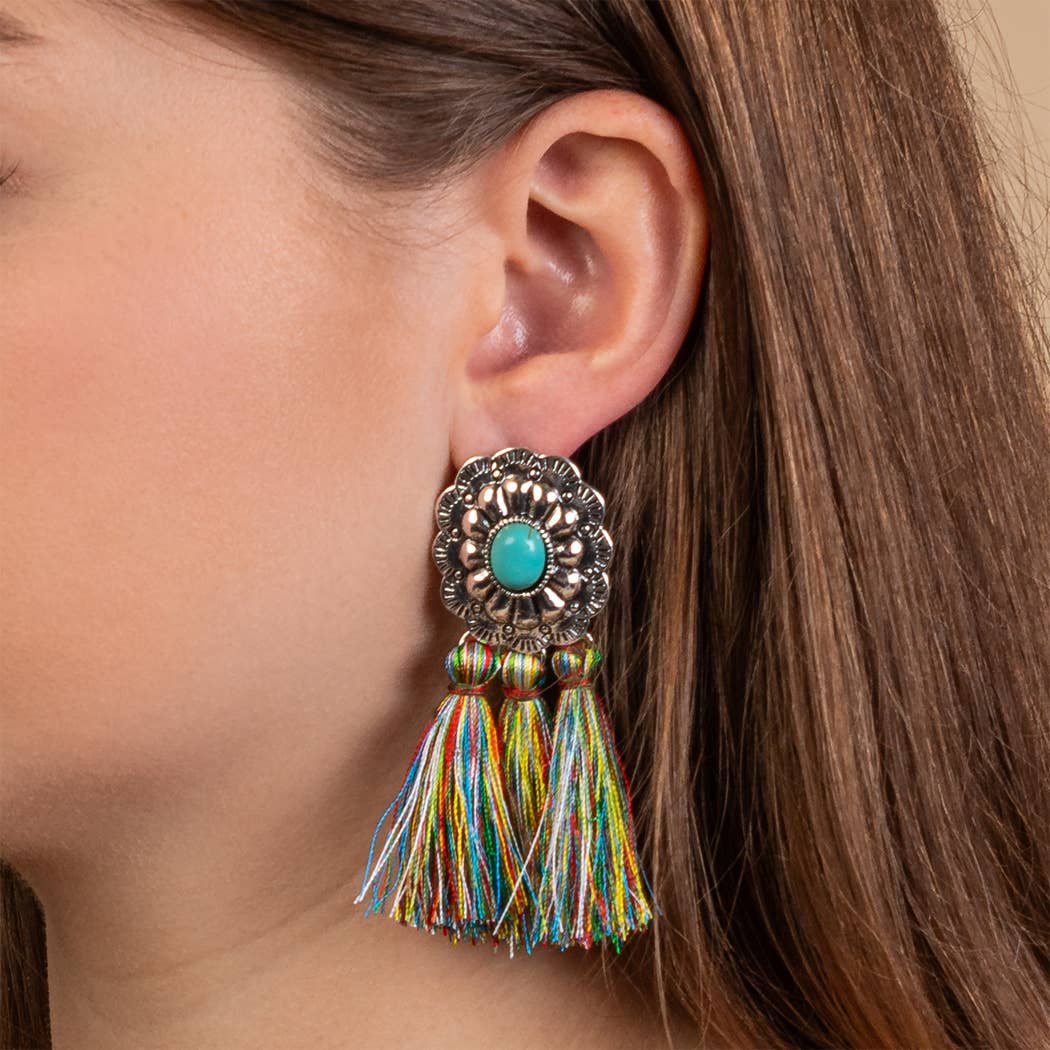 Squash Blossom Tassel Earrings - Turquoise Stone Accent