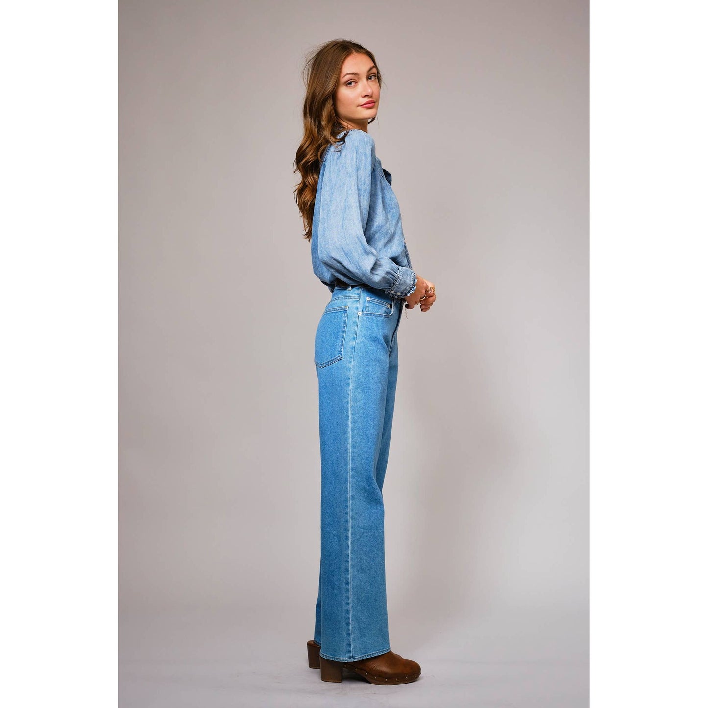 Blue B. Ruffle Neck Denim Snap Button Shirt 23709T