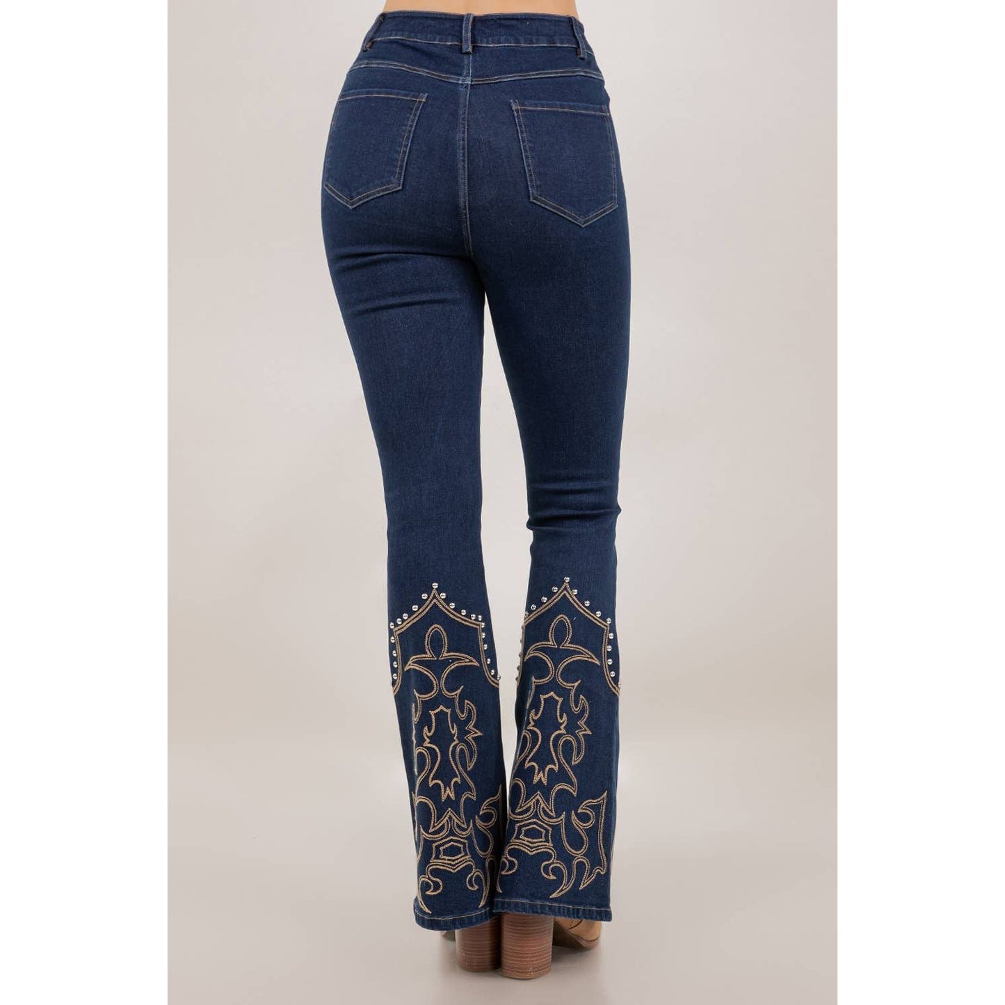 SIP6428A  DARK WASH EMBROIDERY AND STUD DETAIL DENIM PANTS
