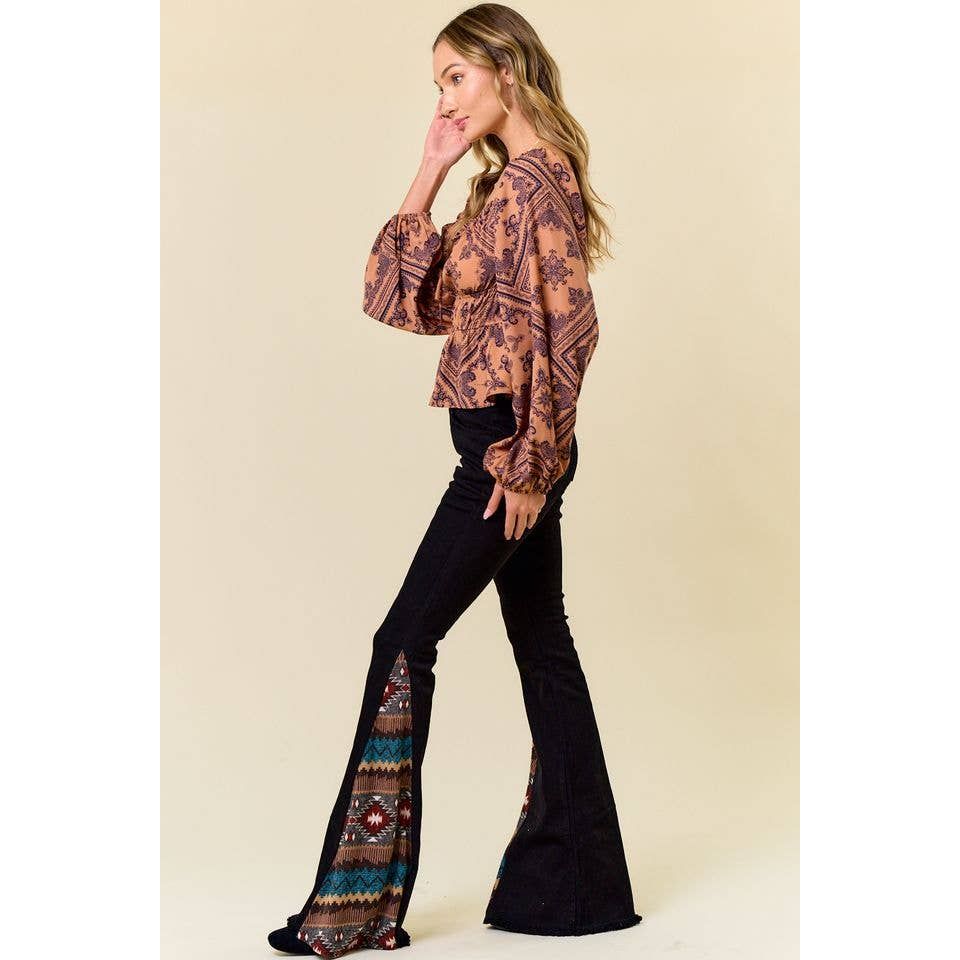 SIP6106O FLARE BLACK DENIM WITH INSERT PRINT CONTRAST