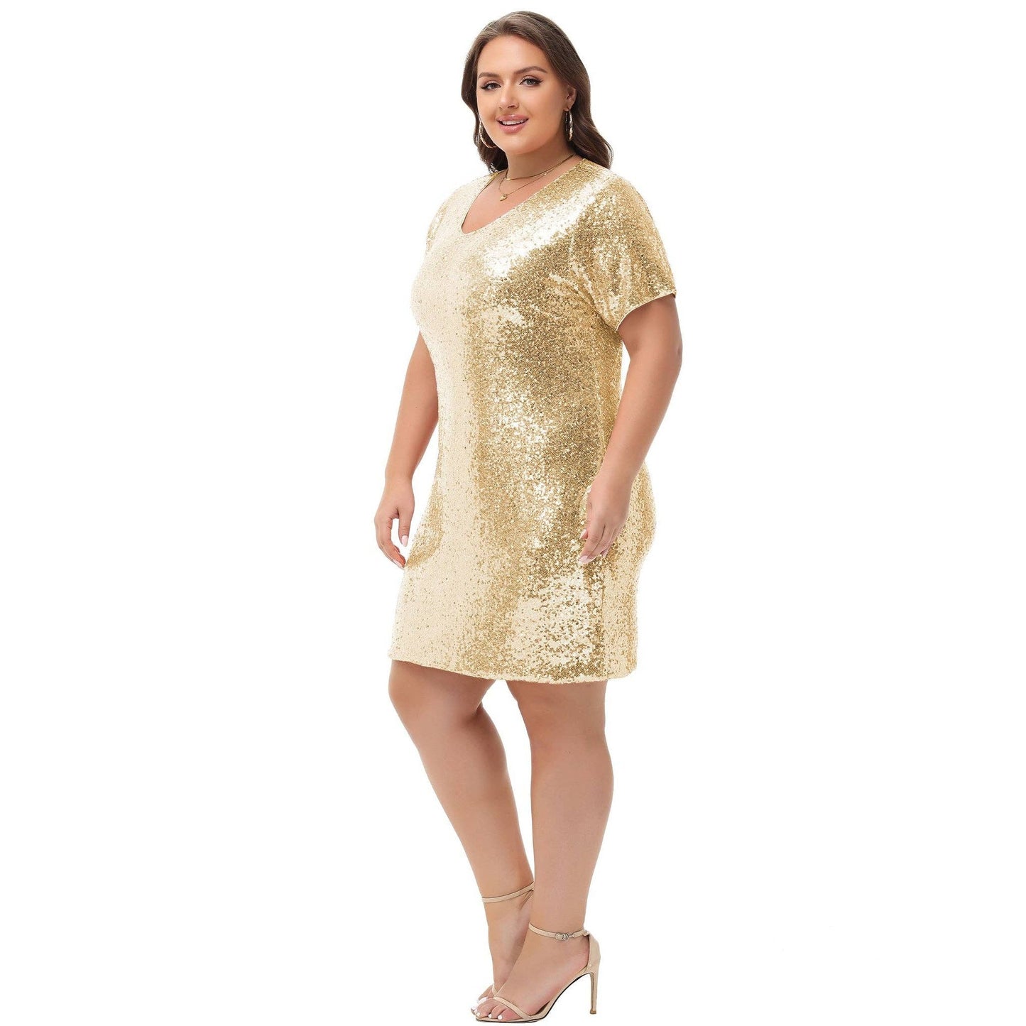 Plus Size Short Sleeve V Neck Sequin Dresses