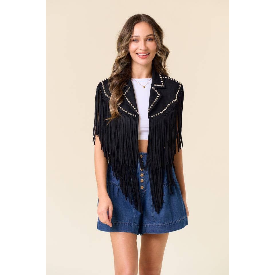 SIJ5338A BLACK STUDDED FRINGE SHRUG