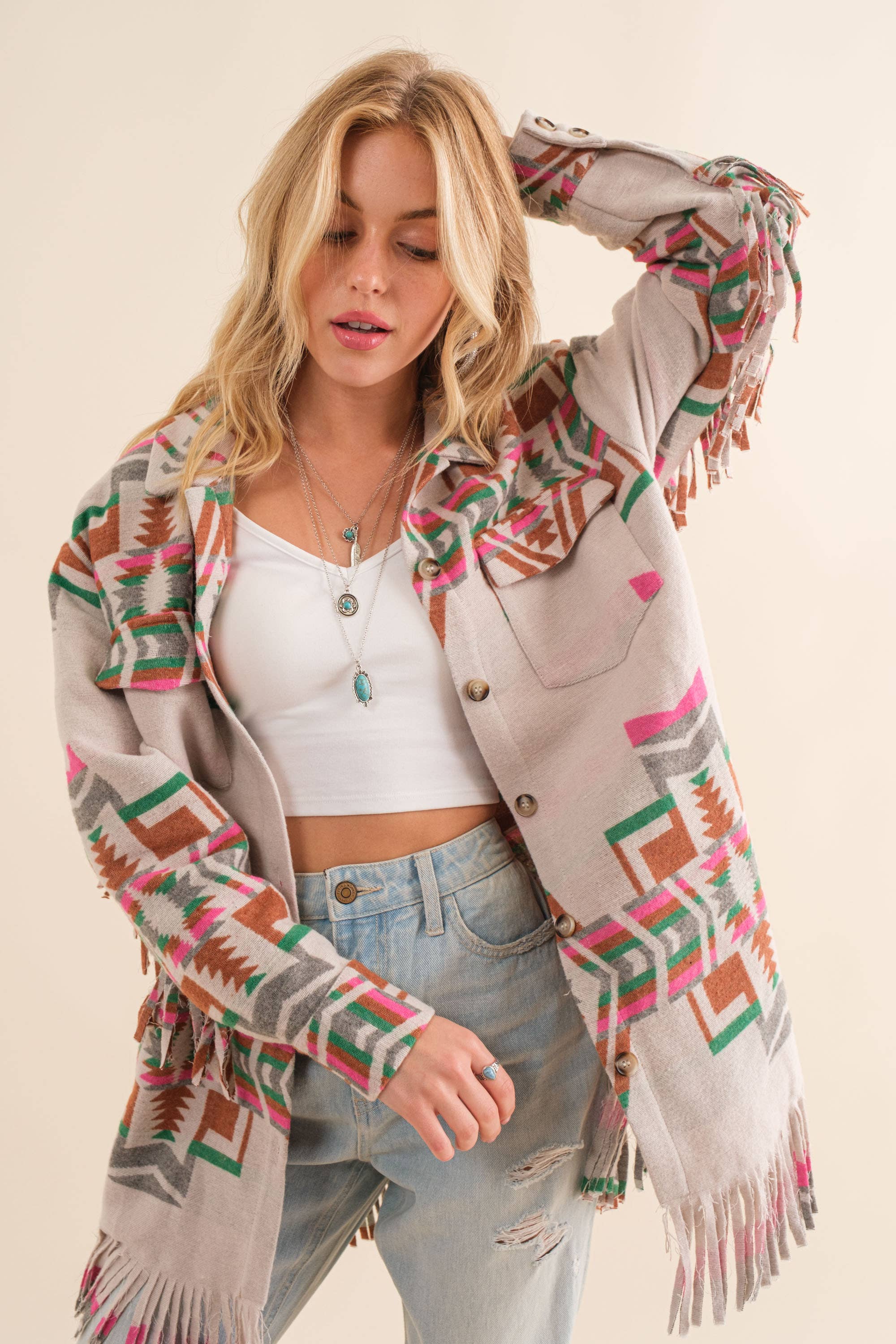 34200J - Blue B Exclusive Aztec Button Up Shirt Jacket