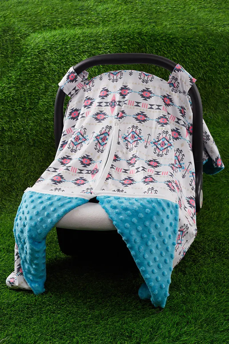 Multi Aztec Print Car Seat Cover with Blue Minky Inside