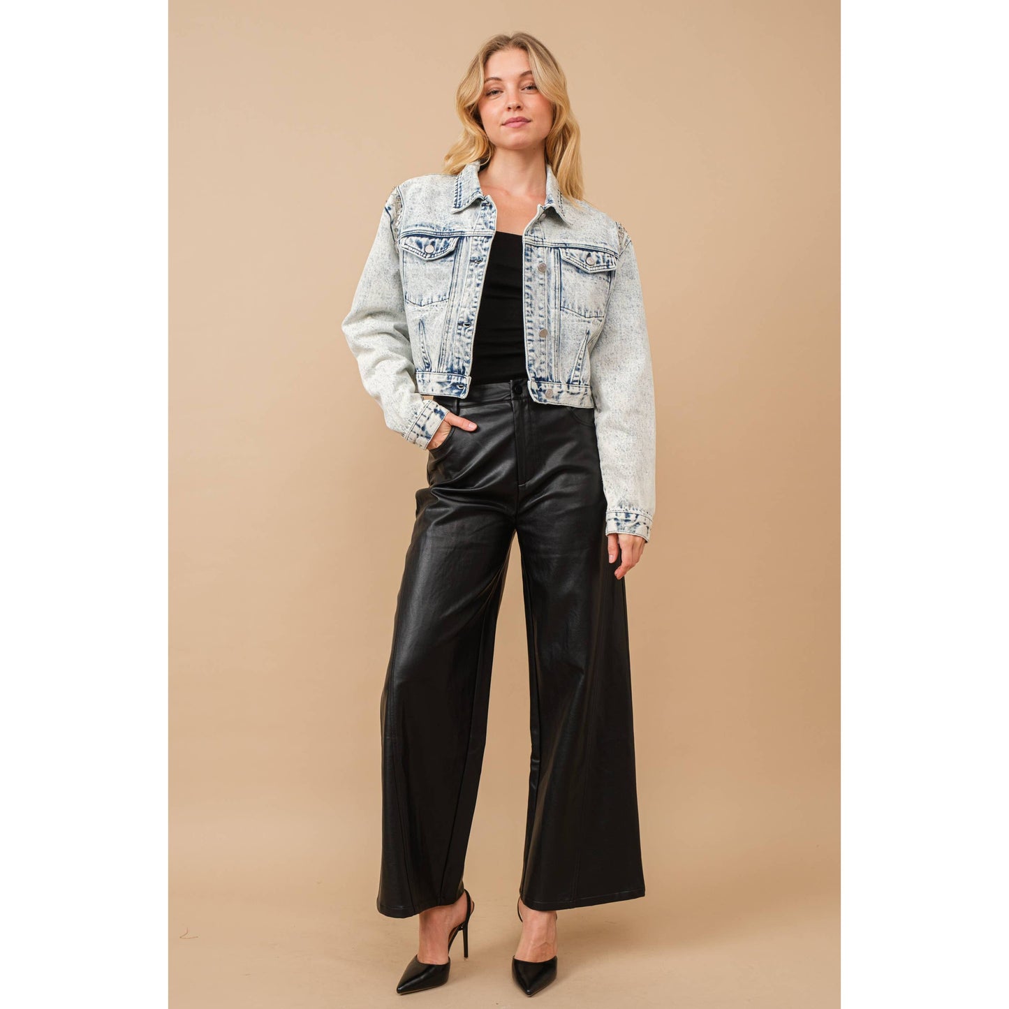 80037J - Acid Washed Shoulder Beading Denim Jacket