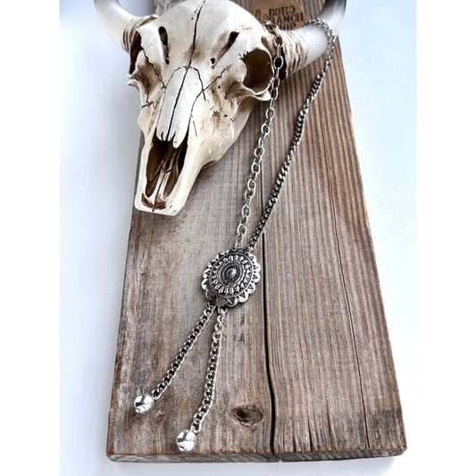 Western Concho Pendant Y Drop Chunky Chain Bolo Necklace