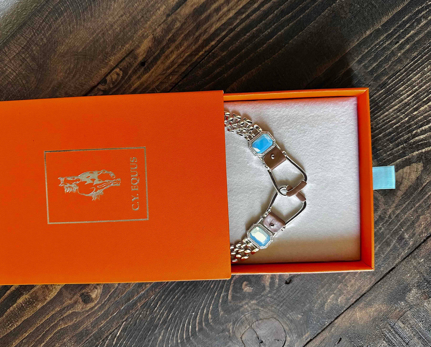 Bold Western Saddle Stirrup Necklace Aqua stone