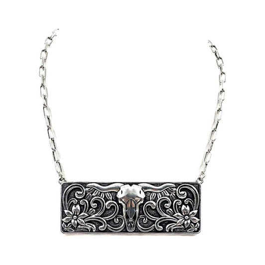 Snowing West - Western Steer Head Metal Plate Necklace