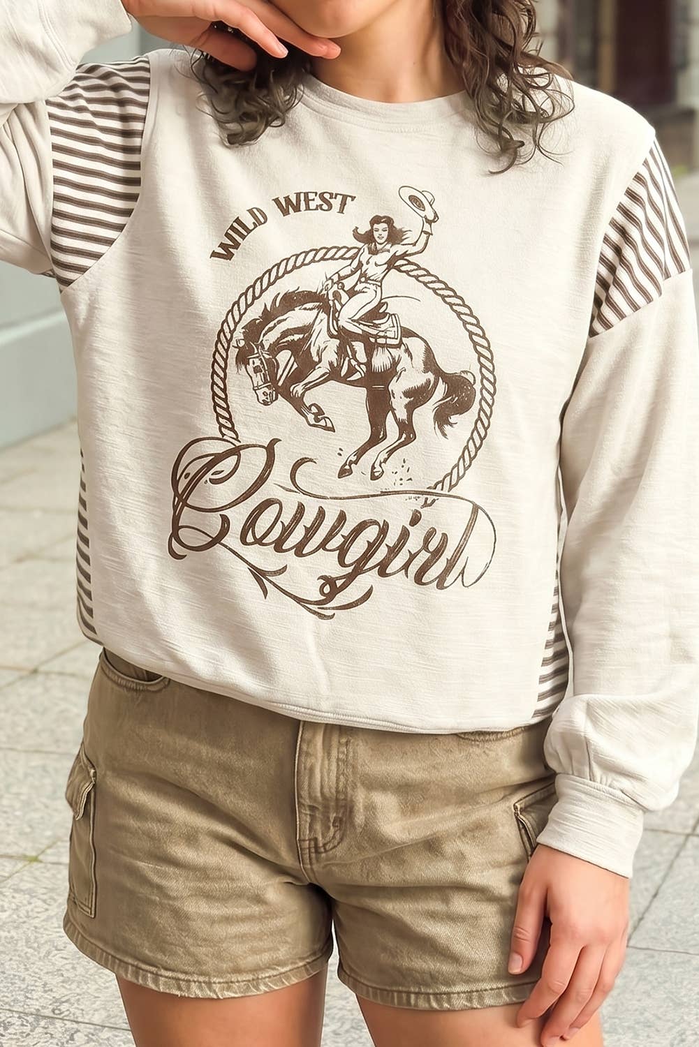 Western Print Patchwork Striped Shift Sweater
