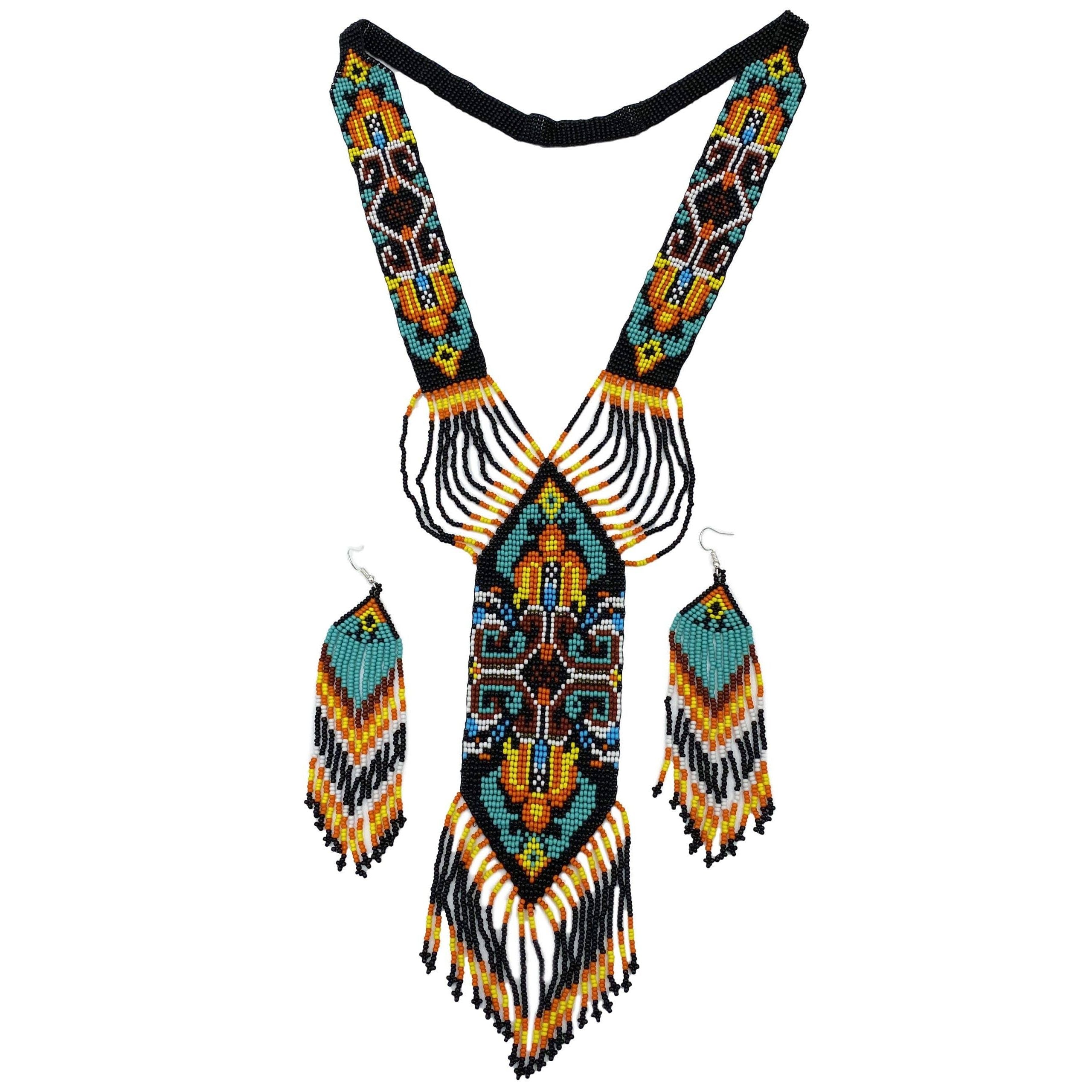 Handmade Black Multi-Colored Long Necklace Earring Set