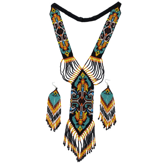 Handmade Black Multi-Colored Long Necklace Earring Set