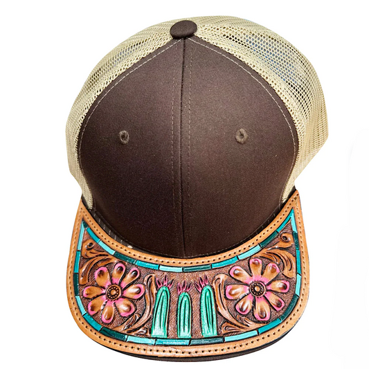 American Darling - Brown & Tan With Carved Leather Bill Flowers & Cactus Snap Back Ladies Ball Cap ADCP102H