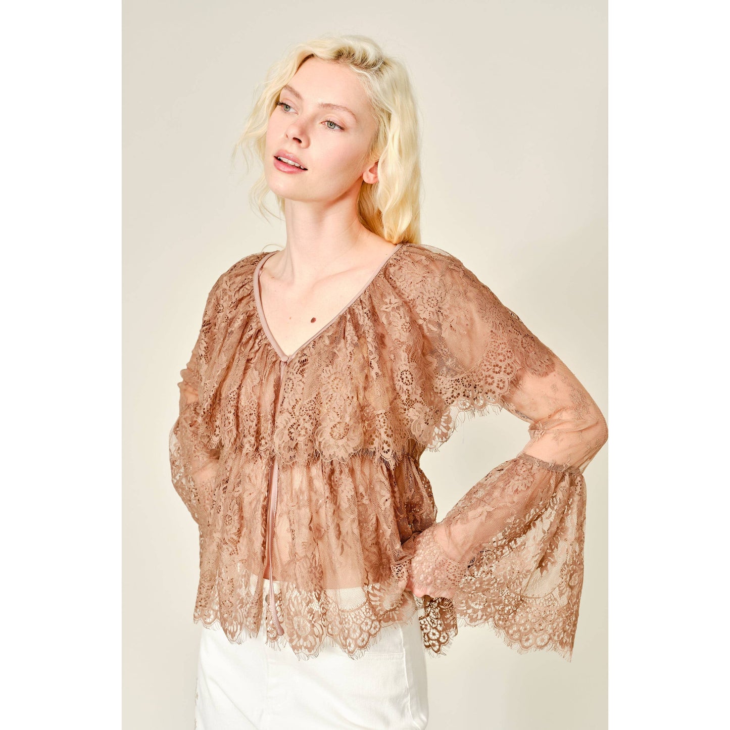 Blue b Ruffle Long Sleeve Lace Sheer Cape Blouse 52196T