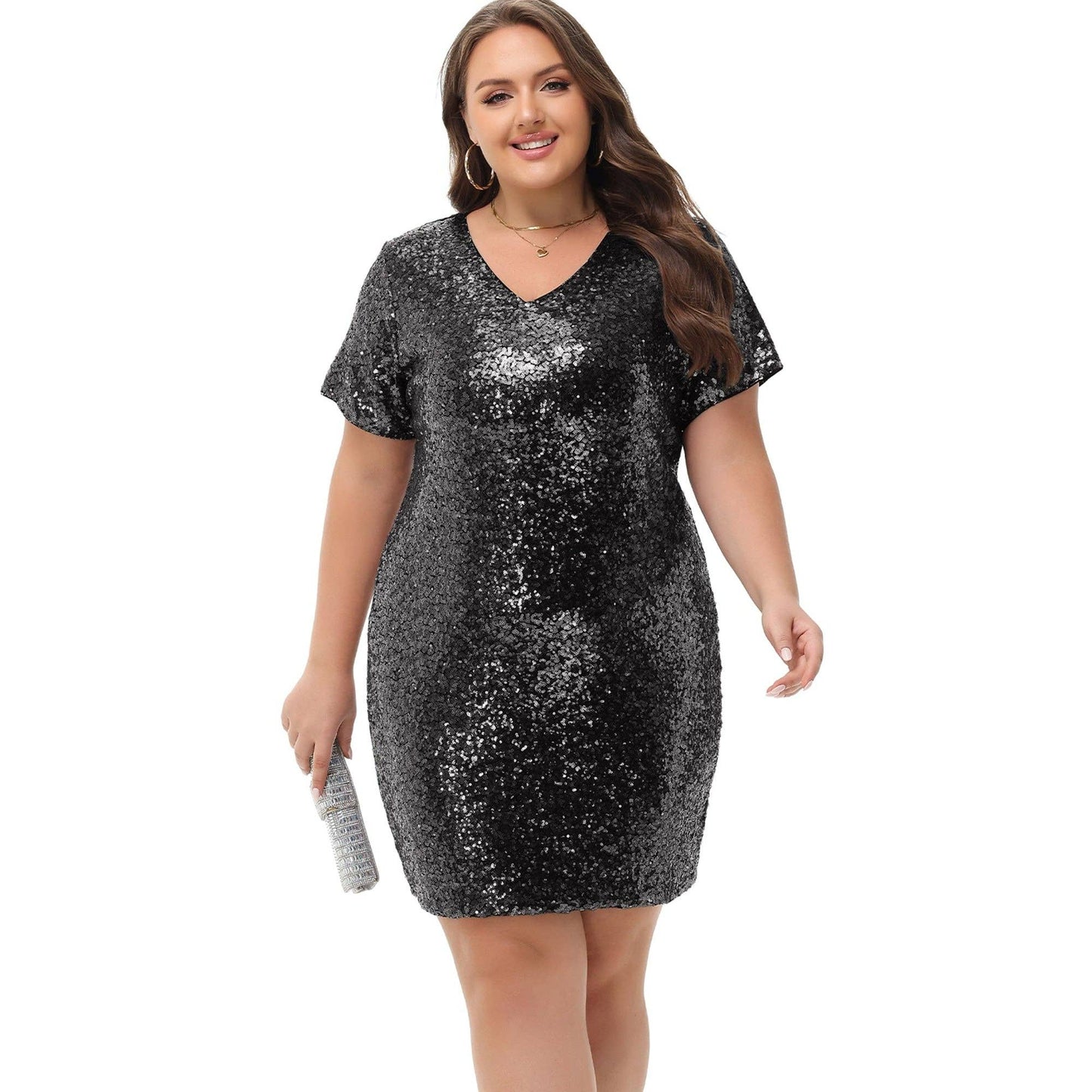 Plus Size Short Sleeve V Neck Sequin Dresses