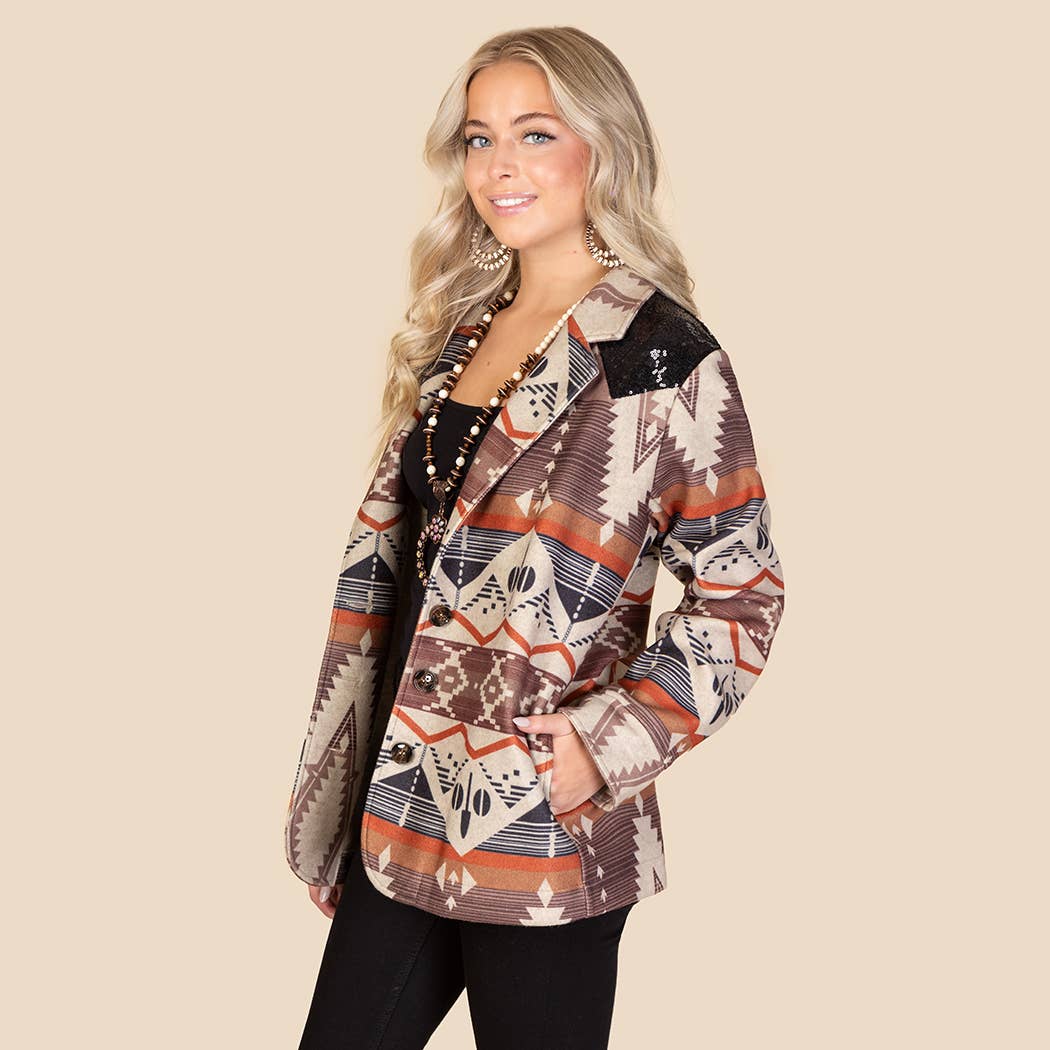 Western Print Blazer with Sequin and Pockets