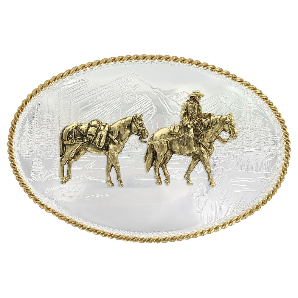 Montana Silversmith Etched Mountains Western Belt Buckle with Pack Horse and Rider 6250-35