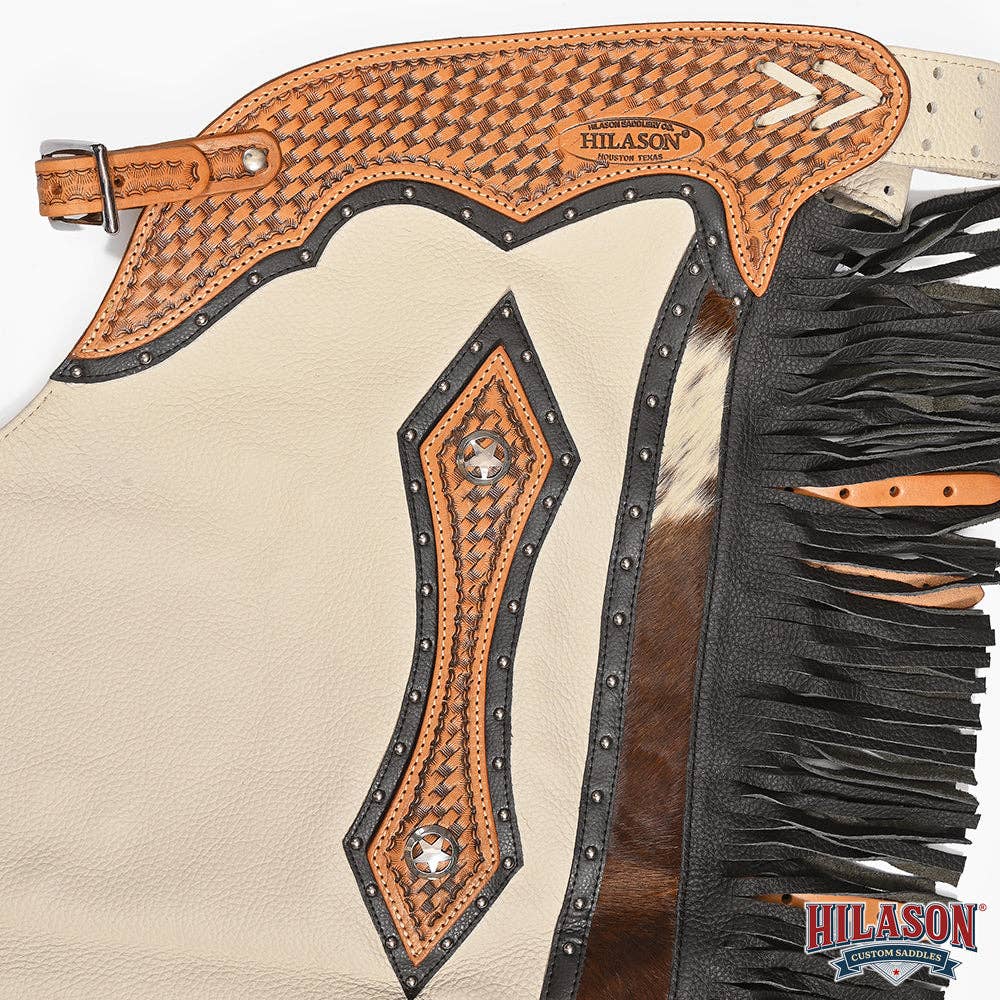 HILASON Bull Riding Chinks Rodeo Bronc Smooth Leather White Adult Handmade Chaps Western for Adults Hand Tooled