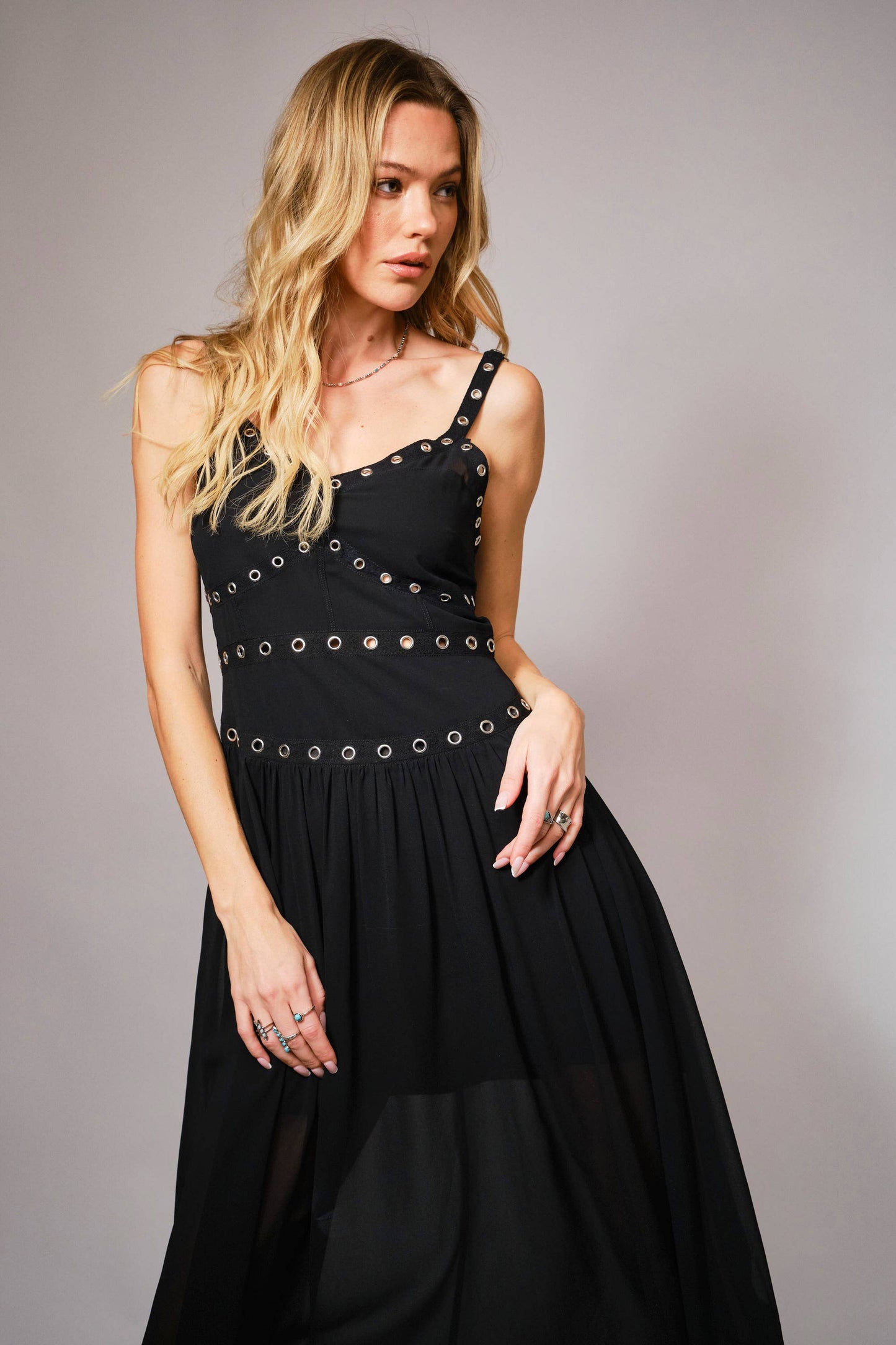 23369D - Chiffon Grommet Eyelet Trim Detailing Midi Dress