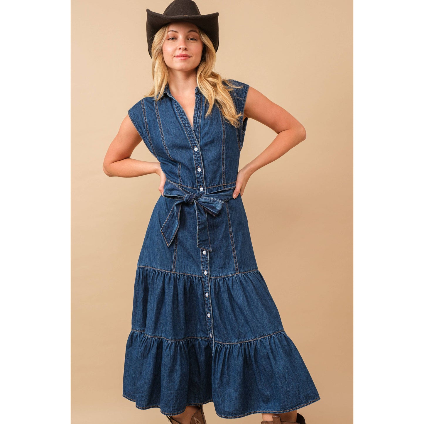 80189D - Belted Button Up Tiered Denim Midi Dress