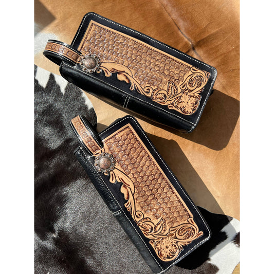 Western Tooled Leather Toiletry Bag Case
