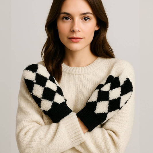 Diamond Pattern Sherpa Warm Mittens Winter Gloves