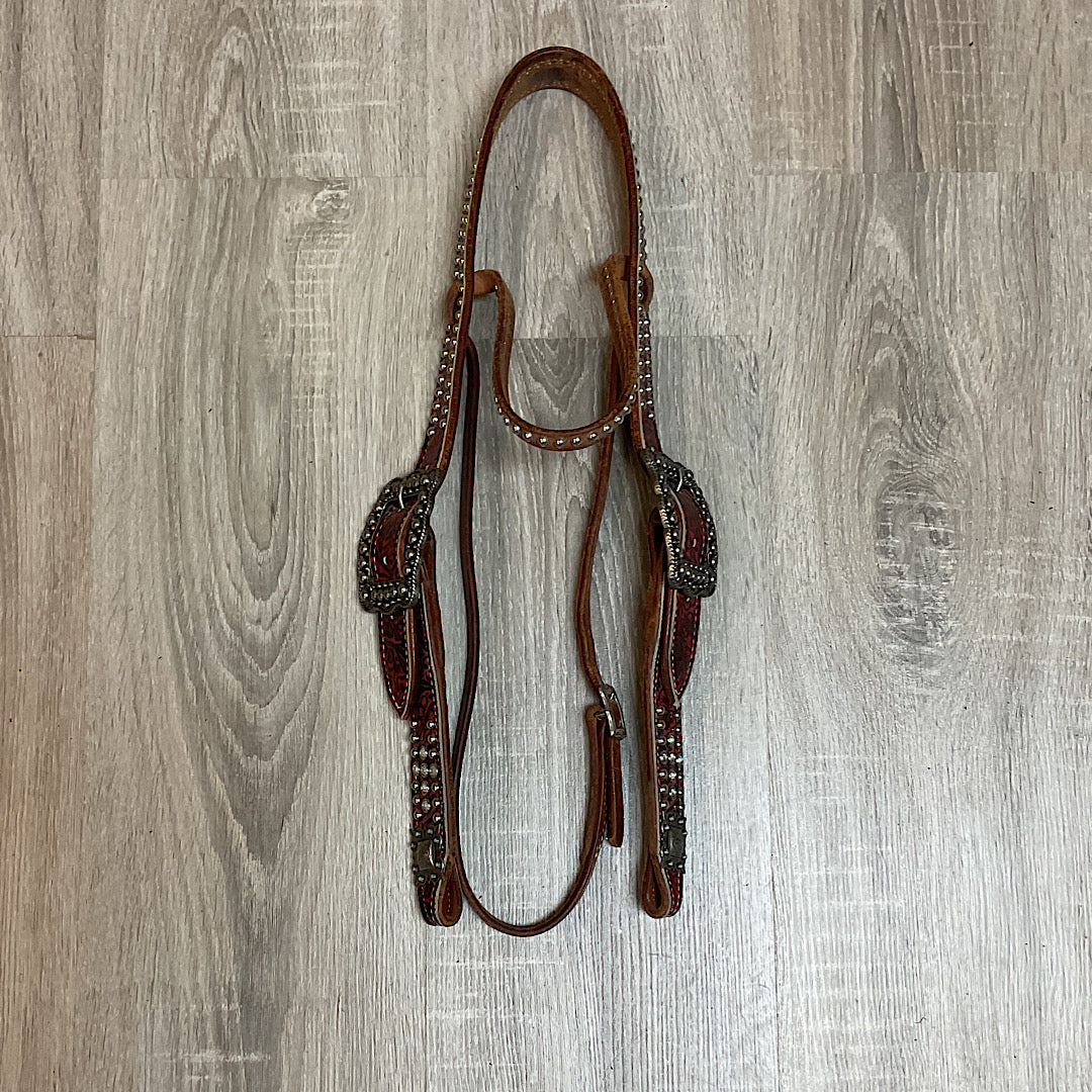 San Saba Equine - Red & Black Floral Embossed With Silver & Dots Browband Belt Style Headstall BB112WSP25