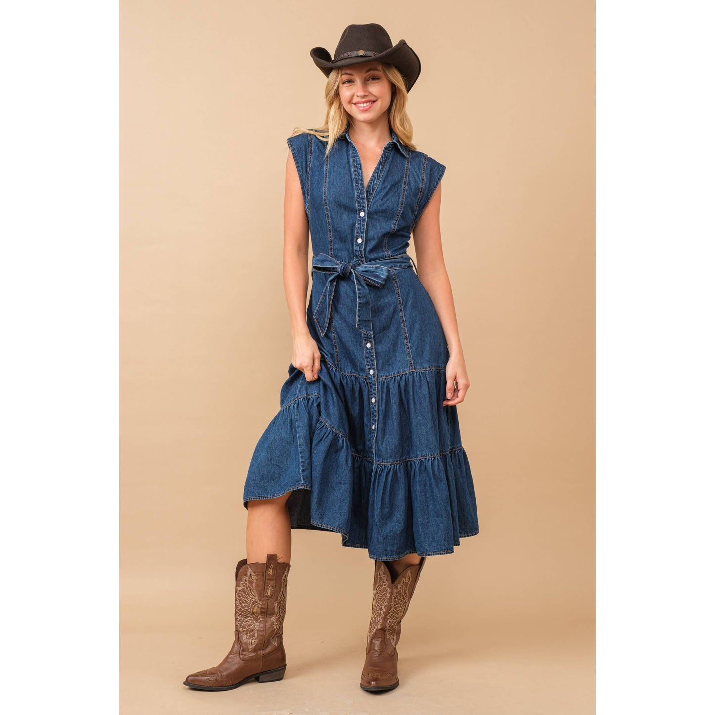 80189D - Belted Button Up Tiered Denim Midi Dress