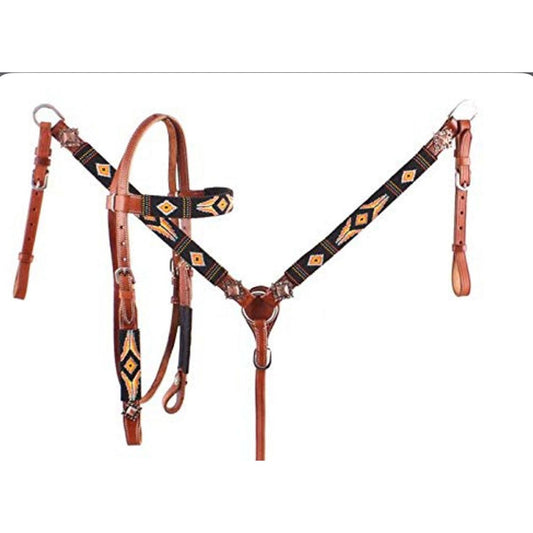 Showman Orange & Yellow Navajo Beaded Leather Headstall & Breast Collar Set