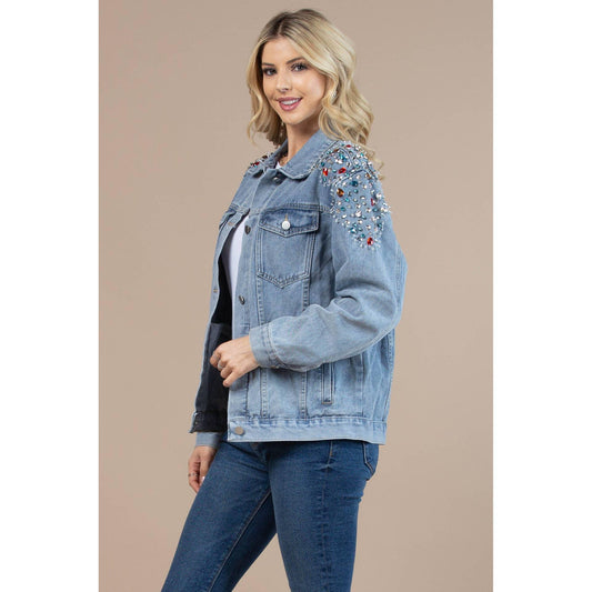 Nylon Apparel - 63001-Shoulder Rhinestones Washed Denim Jacket