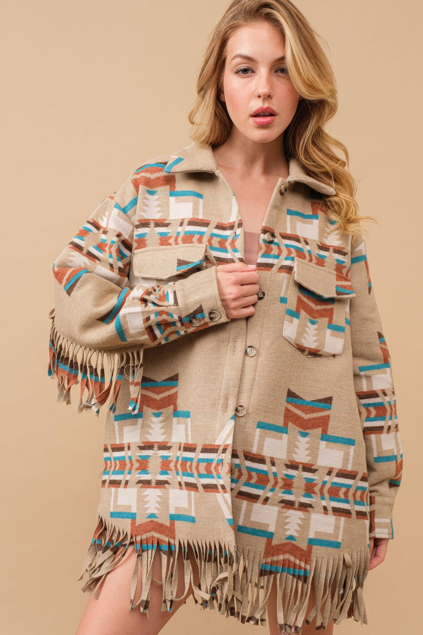 34200J - Blue B Exclusive Aztec Button Up Shirt Jacket