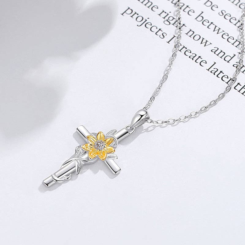 Gold Sunflower Cross Pendant Necklace in 925 Sterling Silver