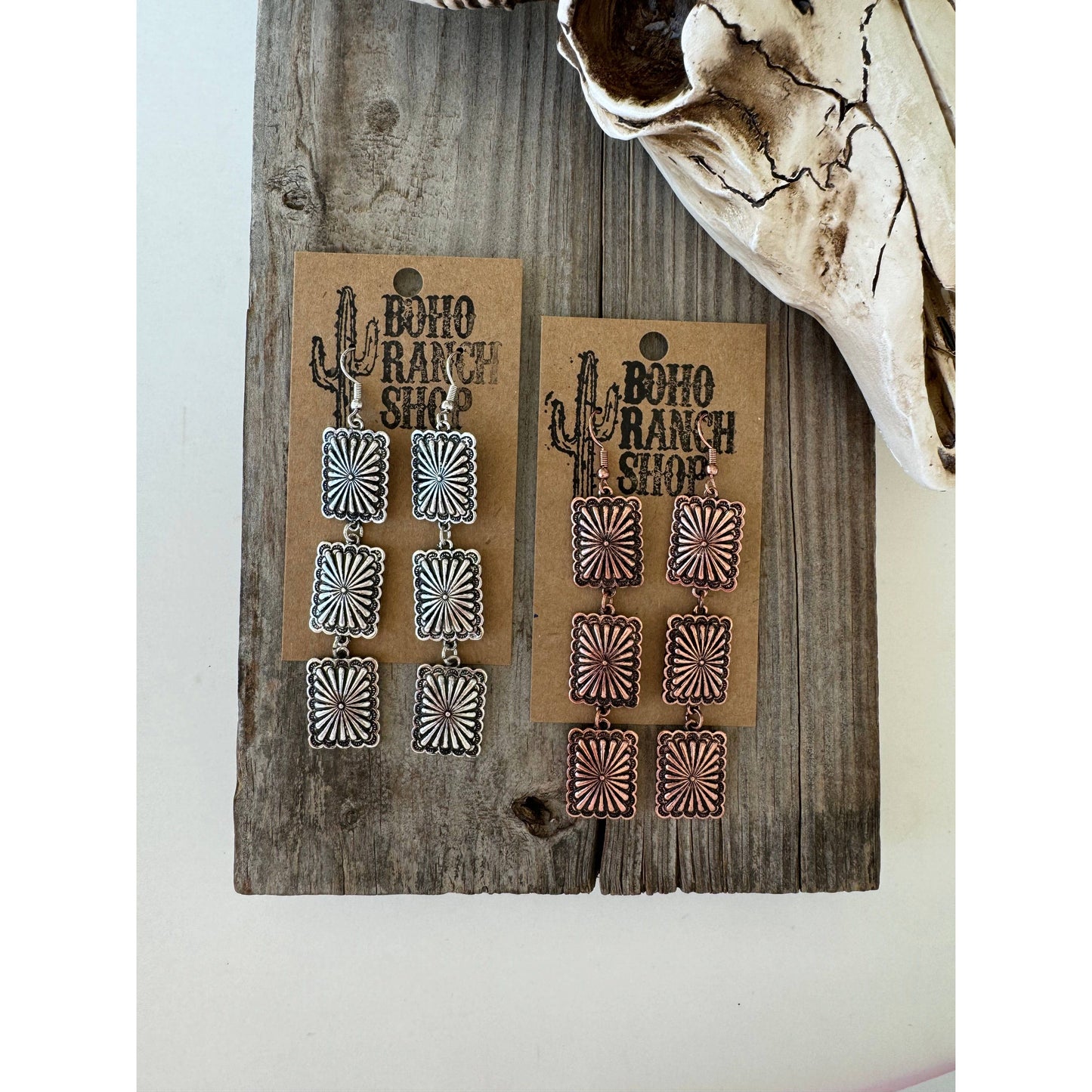 3 Tier Western Rectangle Concho Drop Dangle Earrings