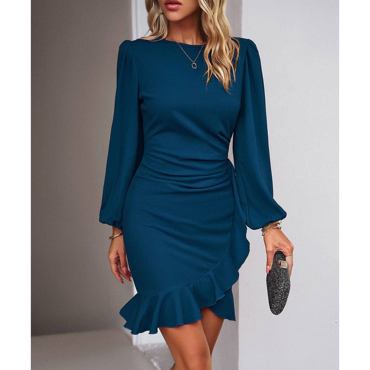 Puff Sleeve Solid Color Midi Dress