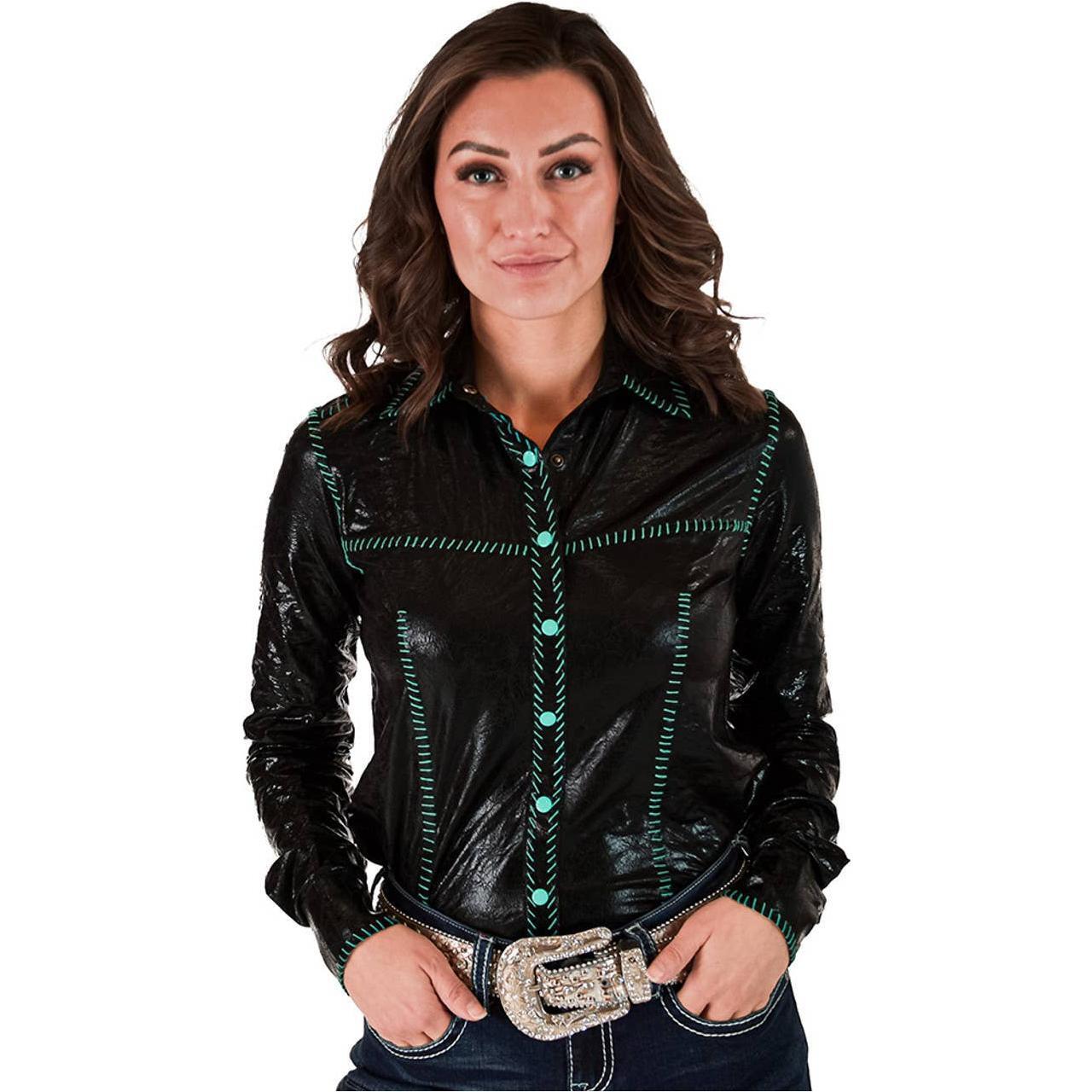 Cowgirl Tuff Co. / B. Tuff Jeans - Pullover Button Up Black Faux Leather Turquoise Embroidery