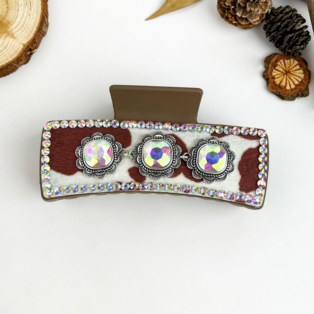 Vintage Western Cowboy Cow Print Rhinestone Hair Claw Clip