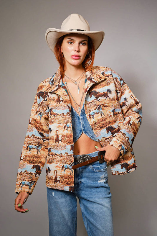 Blue B Western Pattern Button Front Jacquard Jacket 33144J