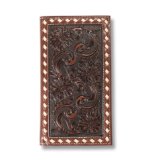 Ariat - Brown Floral Embossed with Buckstitch Men’s Checkbook Cover/Rodeo Wallet A3558002