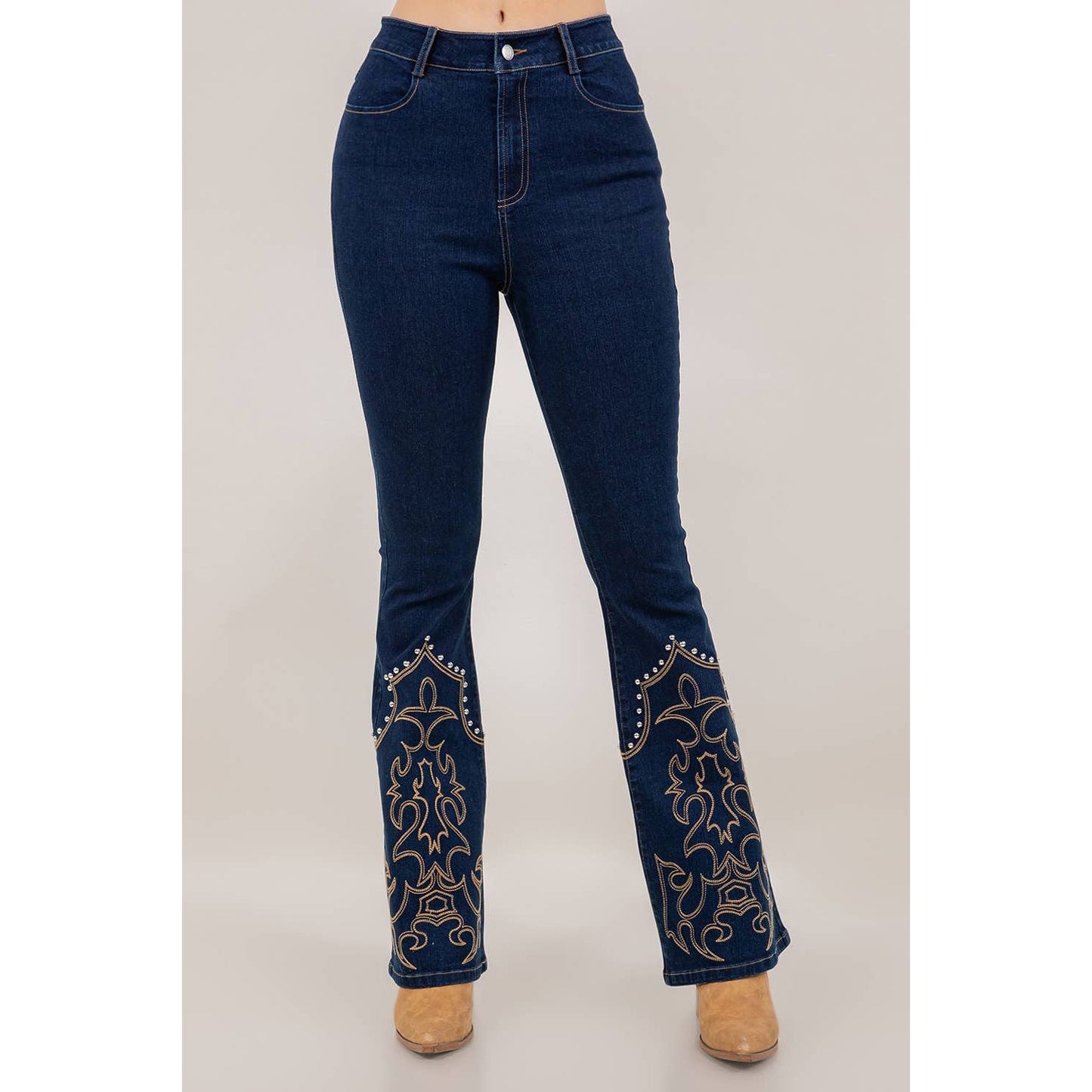 SIP6428A  DARK WASH EMBROIDERY AND STUD DETAIL DENIM PANTS