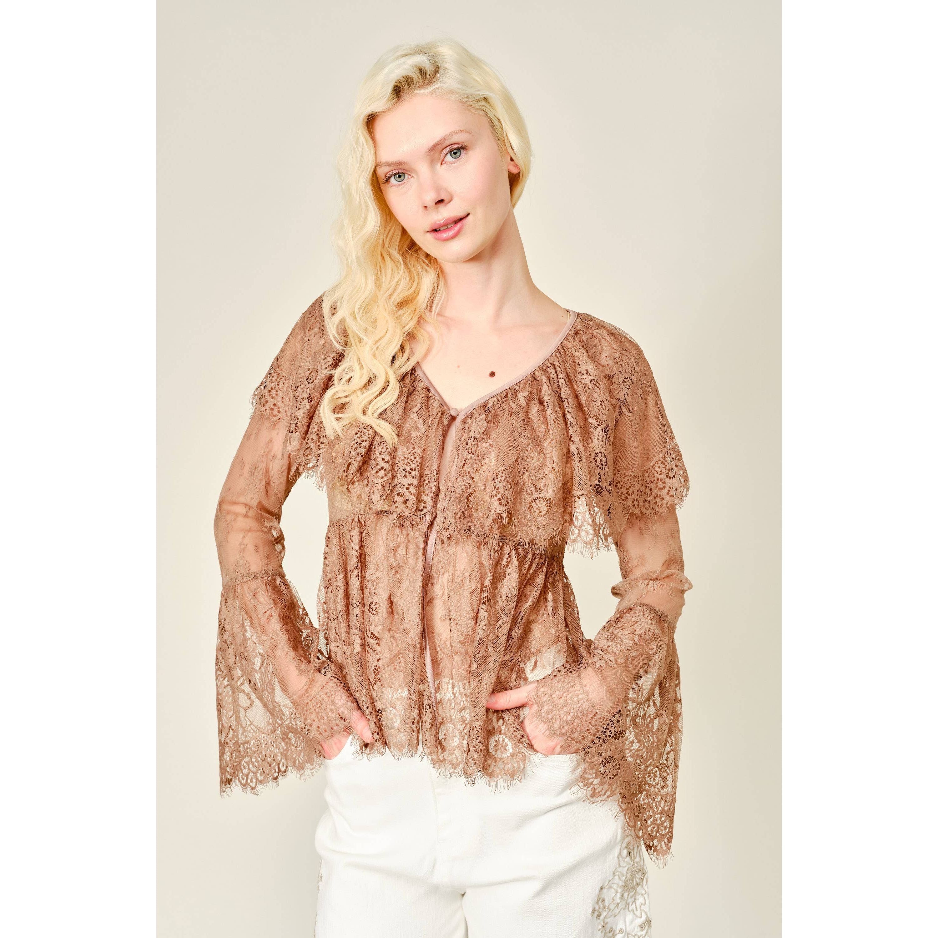 Blue b Ruffle Long Sleeve Lace Sheer Cape Blouse 52196T