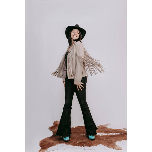 Merigold Kiss - MK208 Deluxe Rhinestone Fringe Vegan Suede Jacket -Taupe