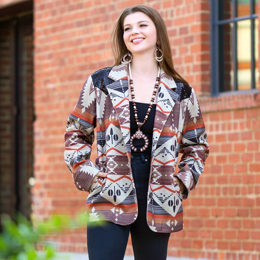Western Print Blazer with Sequin and Pockets