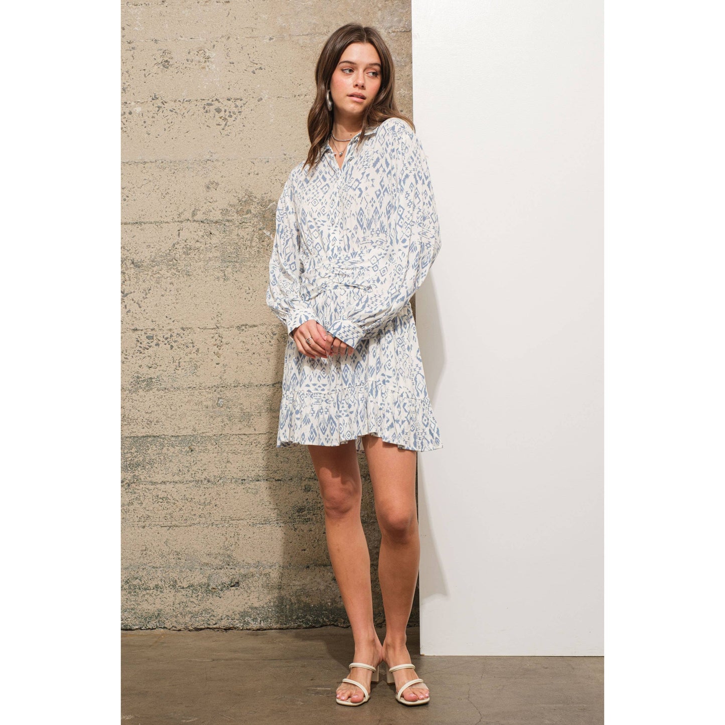 34940D - Ikat Aztec Print Button up Ruched Waist Shirt Dress