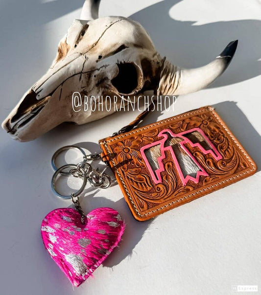 TAN Cowhide Leather Keychain Wallet Longhorn Thunderbird