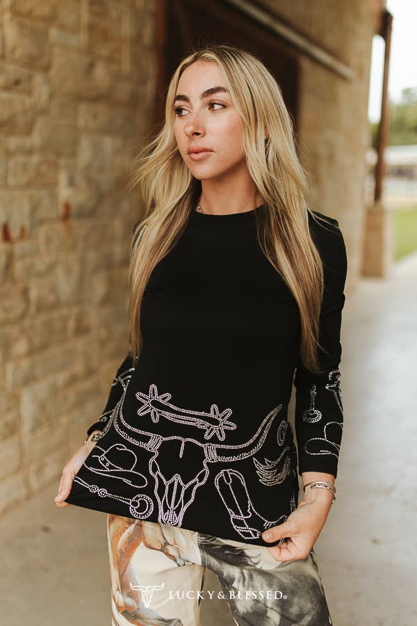 Black Western Rhinestone Pressed Detail Long Sleeve Shirt