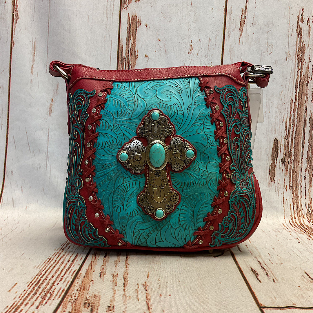 Montana West - Embossed Red & Teal with Silver Cross Accent Handbag MW273-8395