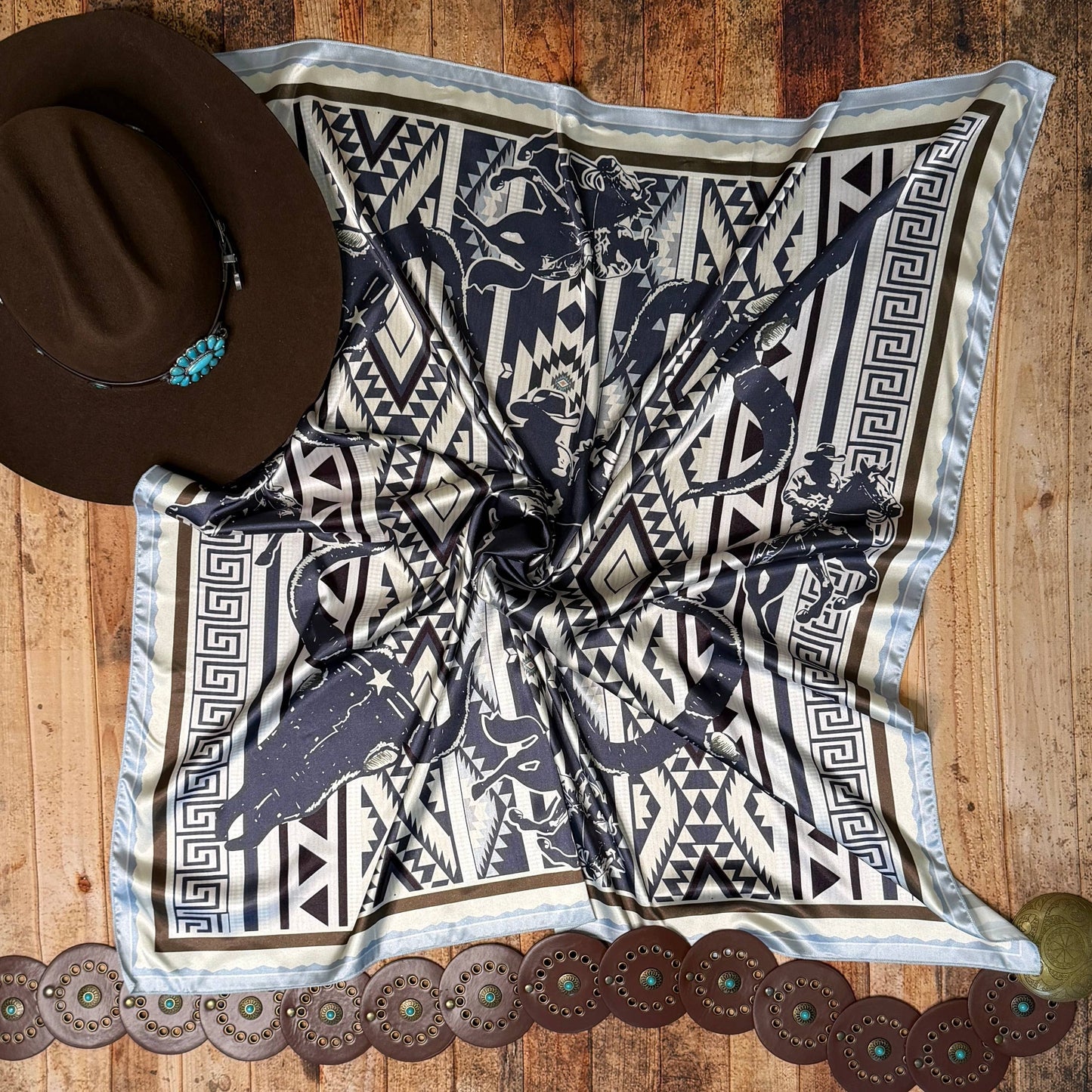 AVS-861 AZTEC COWBOY LONGHORN PRINT SILK WILD RAG 36X36