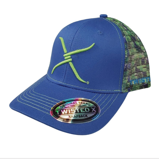 Twisted X - Blue & Green & Blue Print Embroidered Neon Green Logo Snap Back Men’s Ball Cap XC-160