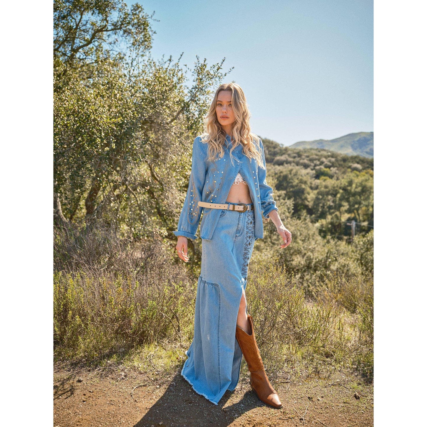 Blue B - 23624S - Embroidered Stitch Slit Denim Maxi Skirt